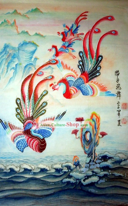 Peinture chinoise traditionnelle avec méticuleuse du détail Phoenix Gathering