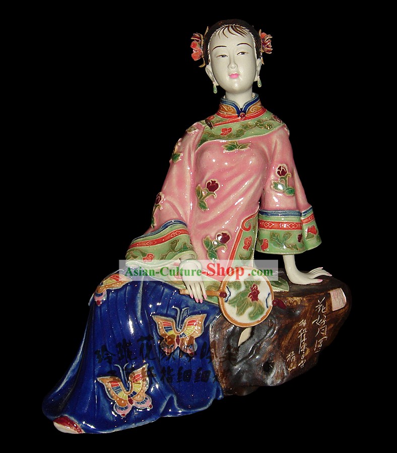 Stunning Chinese colorati porcellana da collezione-antica bellezza con ventilatore