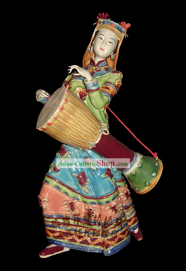 Impresionante porcelana china de colores Coleccionables-antigua minoría Mujer tocando el tambor