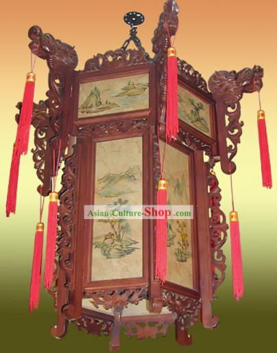 Cinese classico a due mani strati pittorici e intagliato Paesaggio Lanterna Palazzo