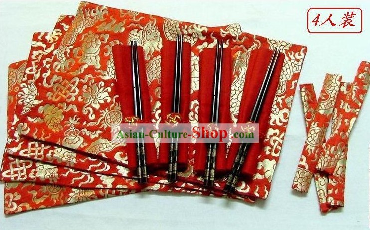 中国の古典シルクレッドドラゴンディナー布セット