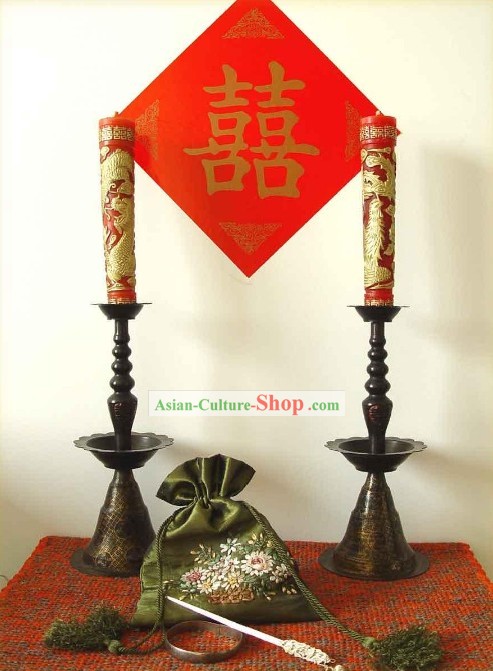 Chinese Classic Wedding Candleholder Couple (with Dragon and Phoenix Xi Candles)