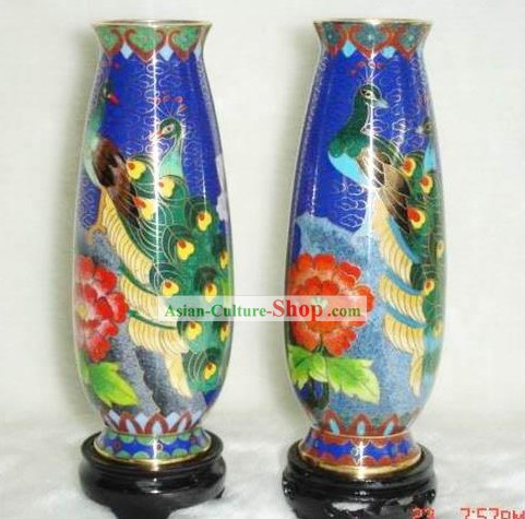 Chinese Cloisonne Vase-Peacock Beauty (coppia)