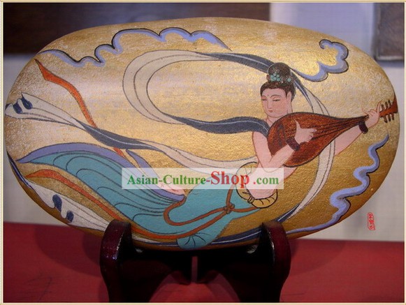 Chinesischen Dunhuang Hand Painted Cobblestone Mural Art-Playing Lute