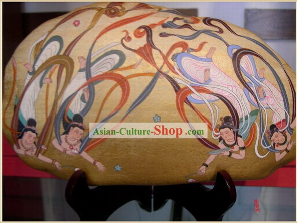 中国の敦煌のハンド塗装コブルストーン壁画アート - 四ダンスの妖精