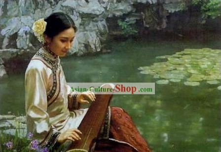 Peinture à l'huile chinoise antique-femme jouant Koto