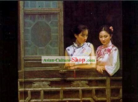 Peinture à l'huile chinoise antique-femme en savourant le panorama