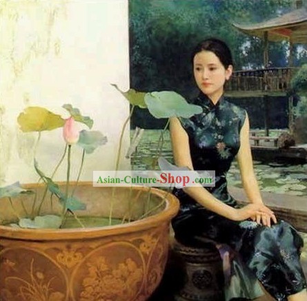Huile Peinture chinoise-femme que Lotus