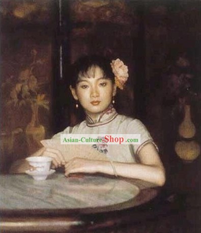 Óleo Pintura Chinesa-Girl com ventilador