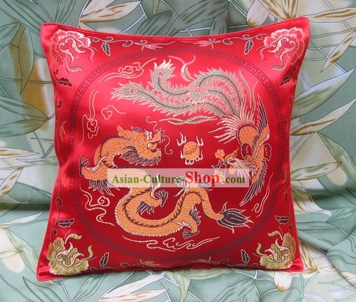 Chinese Lucky Red Dragon and Phoenix Cushion Covering