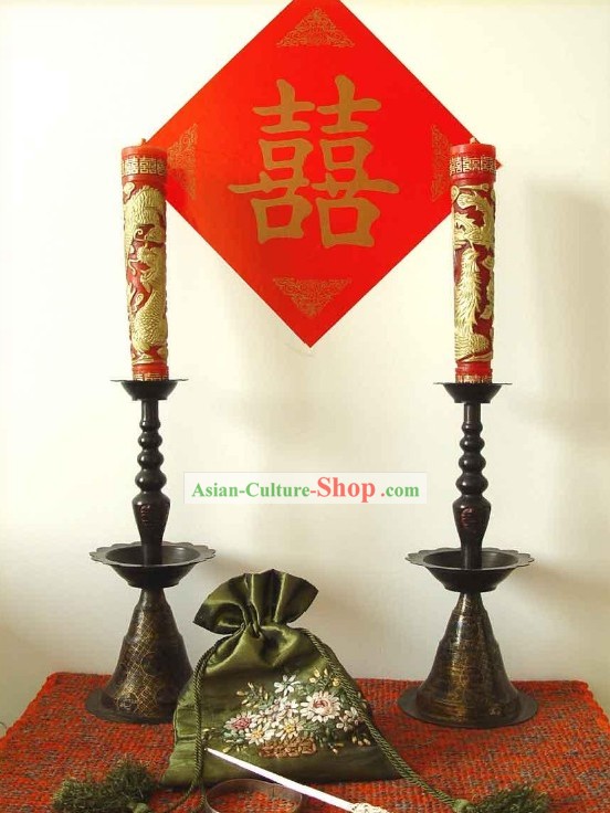 Chinese Wedding Copper Candlestick and Dragon Phoenix Candles