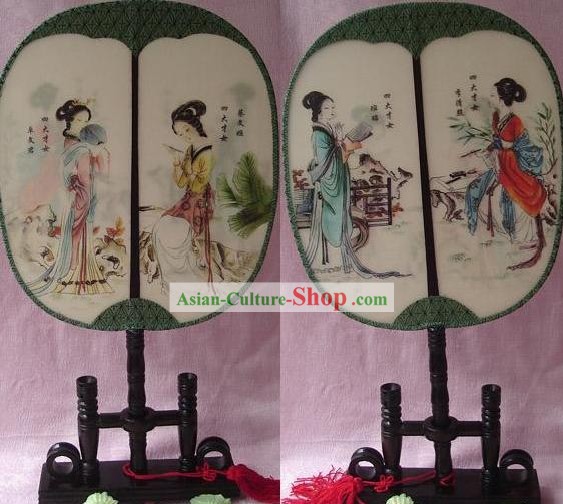 Китайский традиционный круглый шелковый Двухсторонний вентилятор дворец - Древние Четыре женщины Поэт