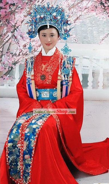 Suprema cinese tradizionale Abito da sposa rosso e Phoenix Set Corona completa