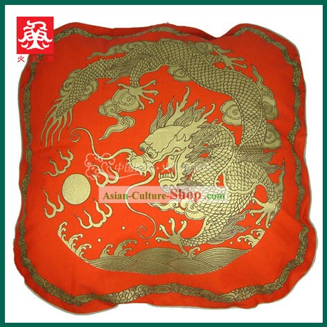 中国の伝統手作り大きなドラゴンクッションカバー（赤）