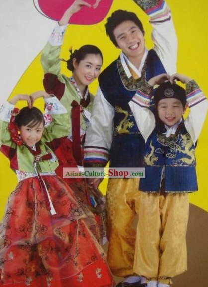 Hanbok coreano tradicional Handmade de quatro membros da família (4 conjuntos)