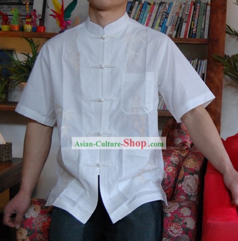 Estilo chinês mandarim Short Handed Linho Branco Camisa de bambu