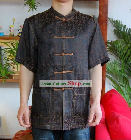 Chinesisch Mandarin-Stil Short Handed Flax Kalligraphie und Malerei-Shirt