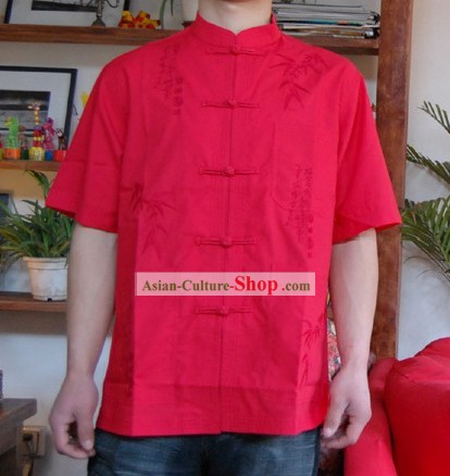 Stile cinese mandarino Breve Shirt Handed Lino Bamboo