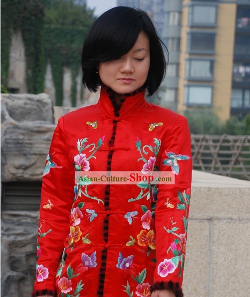 中国の伝統的ラッキーレッド刺繍花ブラウス
