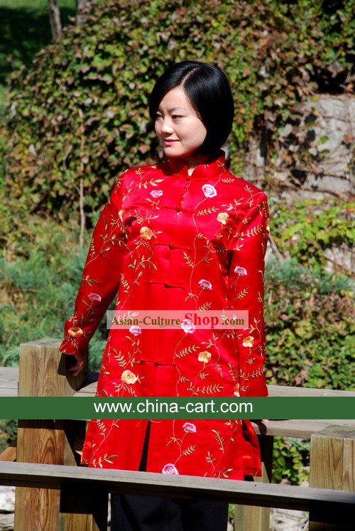 Traditionnelle Chinoise chanceux chemisier rouge fleuri main