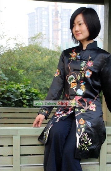 Chinese Traditional Handgefertigte und gestickte Bird and Flower langen seidenen Mantel für Frauen