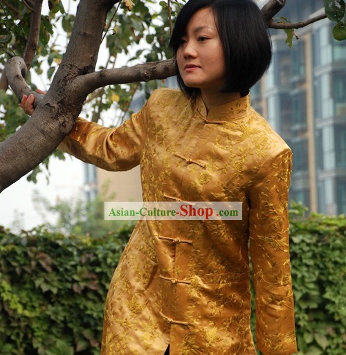 Потрясающие китайских ручной работы и вышитыми золотой цветочный длинном пальто Шелковый для женщин