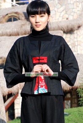 Китайский традиционный Ice Мандарин цветов Лен блузка для женщин