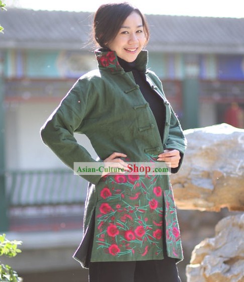 Veste classique chinoise à la main et brodé Coton Folk floral pour les femmes