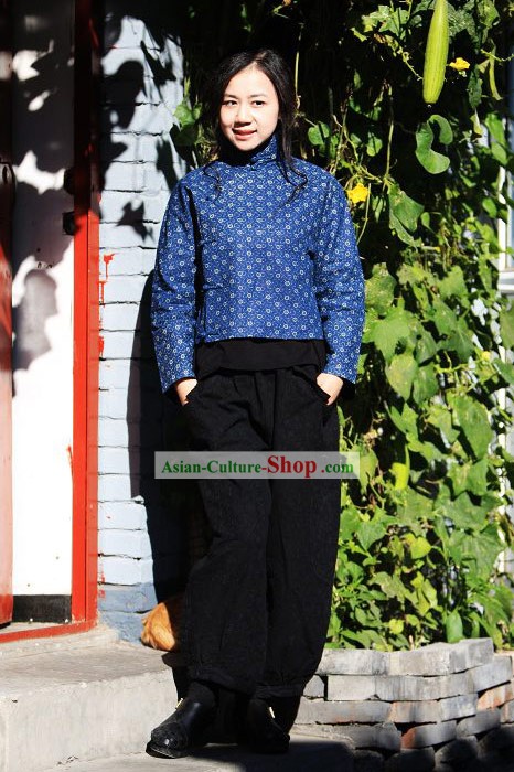 Traditionelles Chinesisch Blau Folk Cotton Bluse für Frauen