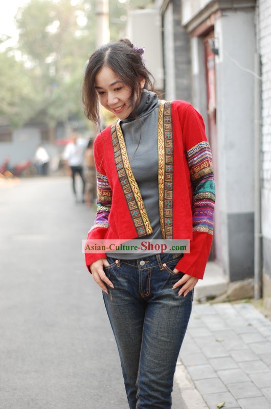 Traditionelles Chinesisch Lucky Red Folk Flax Bluse für Frauen