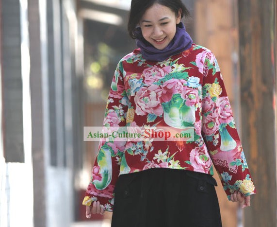 Chinois traditionnel folklorique de coton pivoine blouse pour femme