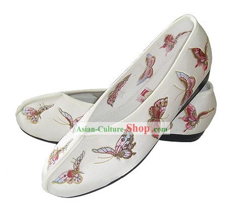 Chinois traditionnel brodé à la main des souliers de satin papillon (blanc)