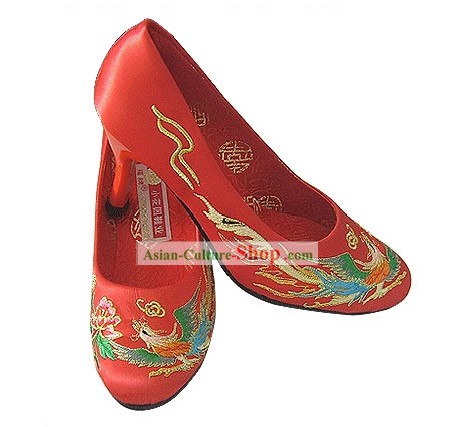 Chino clásico hecho a mano y bordado dragón y Phoenix zapatos de tacón alto de la boda (rojo)