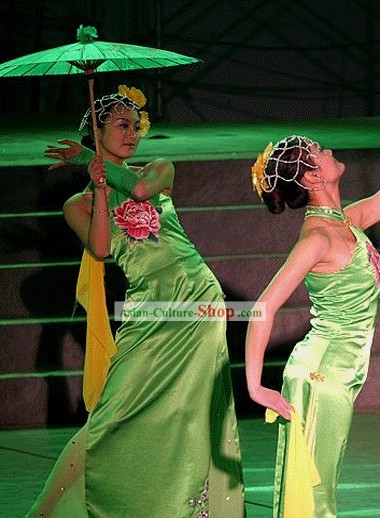 Chinese Traditional Green Peony Cheongsam Dance Costumes Complete Set