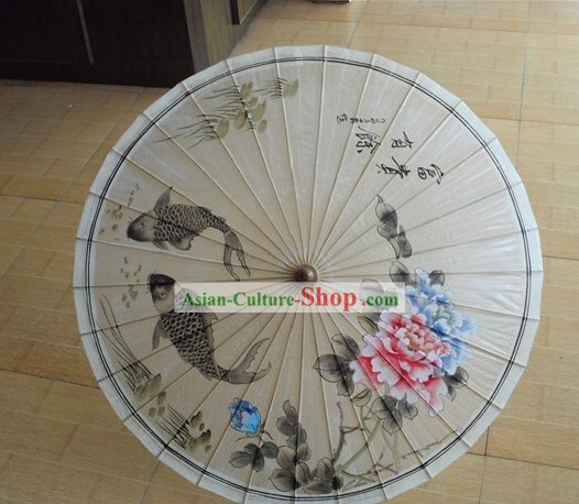 Beach pittura tradizionale cinese mano, pioggia e sole Ombrello - Pesce e Peony