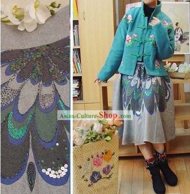 Suprême chinois traditionnel jupe de laine à la main Peacock