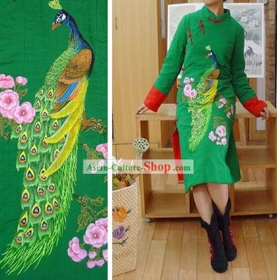 Supremo chino Manos pintado de verde pavo real de invierno de algodón cheongsam