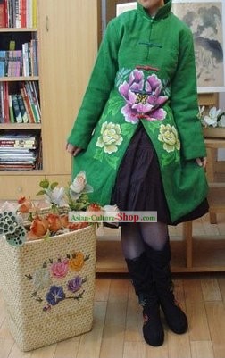 Chinese Classic Mandarin Green Large Flower Winter Outercoat