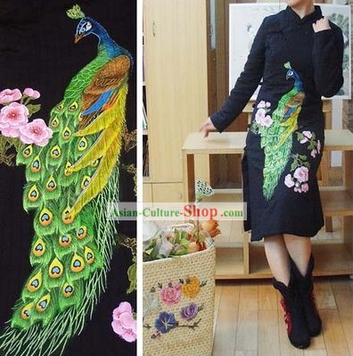 Supreme Chinese Black Hands Painted Peacock Winter-Cotton Cheongsam