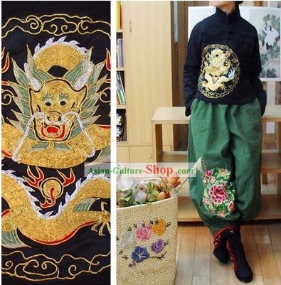 最高の中国黒手刺繍ドラゴンコットンブラウス
