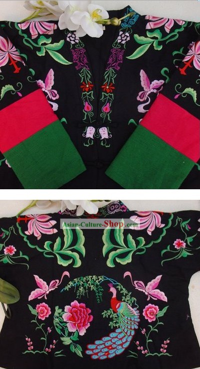Supremo chinês Preto Flor e borboleta Jacket Cotton Inverno