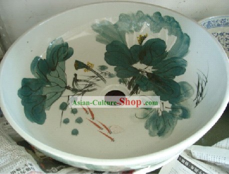 Clásico chino Jing De Zhen manos de cerámica pintada Lotus baño Cuenca