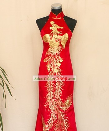 Tradicional china Lucky Red Phoenix cheongsam