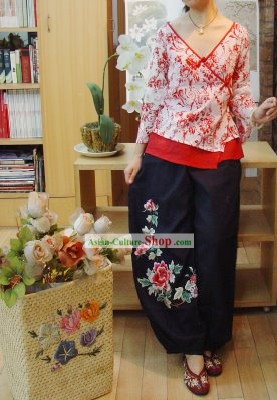 Chinois classique brodé Coton Grande pivoine et pantalon de lin