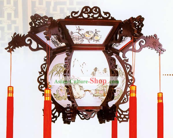 Chinese Hand Made und Carved Wooden Drachen Decke Lantern - Landschaftsmalerei