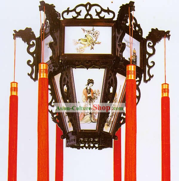 20 pouces de large main chinoise Fabriqué Lanterne plafond en bois - Ancien quatre beautés