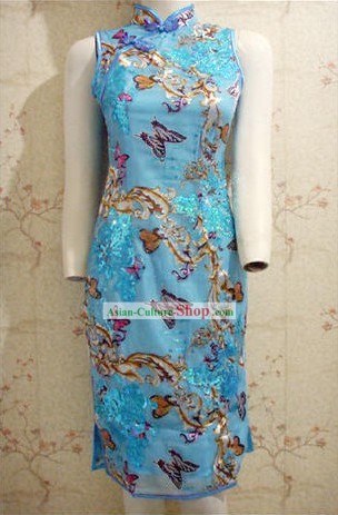 中国の見事なブルーButterfulyシルクチャイナドレス（袍）