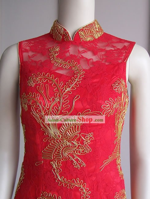 Impresionante mandarín Phoenix Gold Lucky Red cheongsam (Qipao)