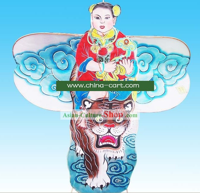 タイガーに乗る古代ボーイ - 中国の伝統濰坊の手はカイトを塗装し、メイド