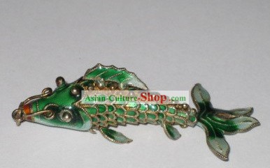 Chinois de l'artisanat traditionnel vert-argenté Cloisonné Goldfish